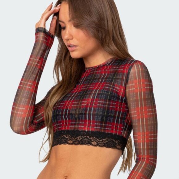 NWOT Edikted Women's Noel Plaid Printed Mesh Crop Top in Size S - Picture 1 of 9